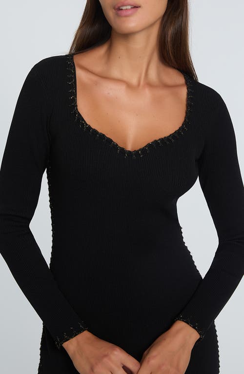 Shop Elie Tahari The Maddie Metallic Whipstitch Detail Long Sleeve Midi Sweater Dress In Noir