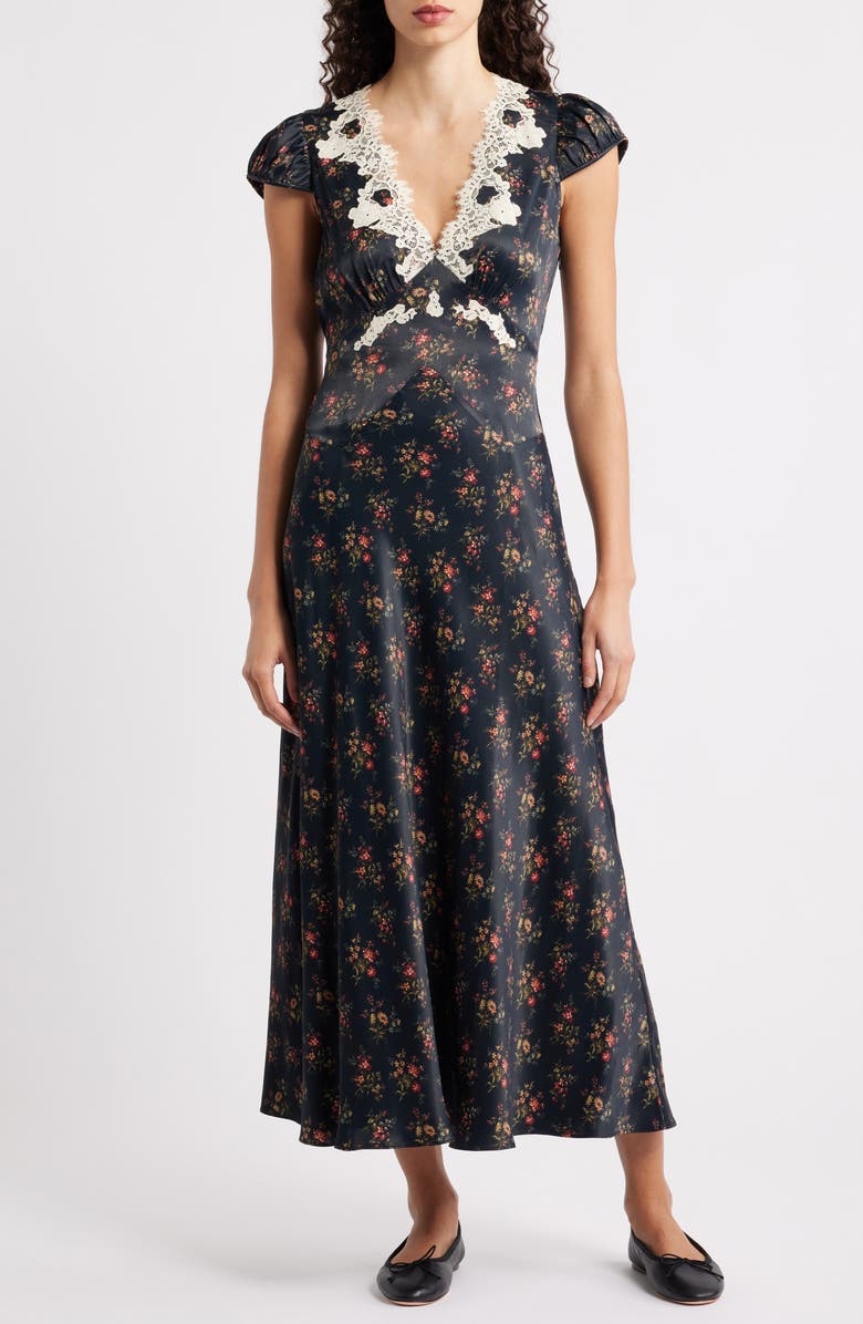DÔEN Coraline Lace Detail Floral Satin Maxi Dress, Main, color, Fleur Du Palais