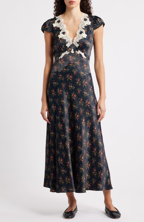Doen Dôen Coraline Lace Detail Floral Satin Maxi Dress In Black