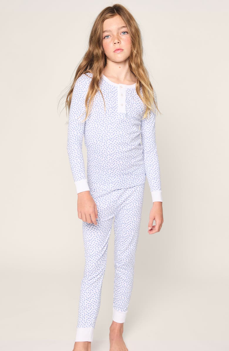 Petite Plume Kids' Heart Print Fitted Pima Cotton Two-Piece Pajamas, Alternate, color, Blue