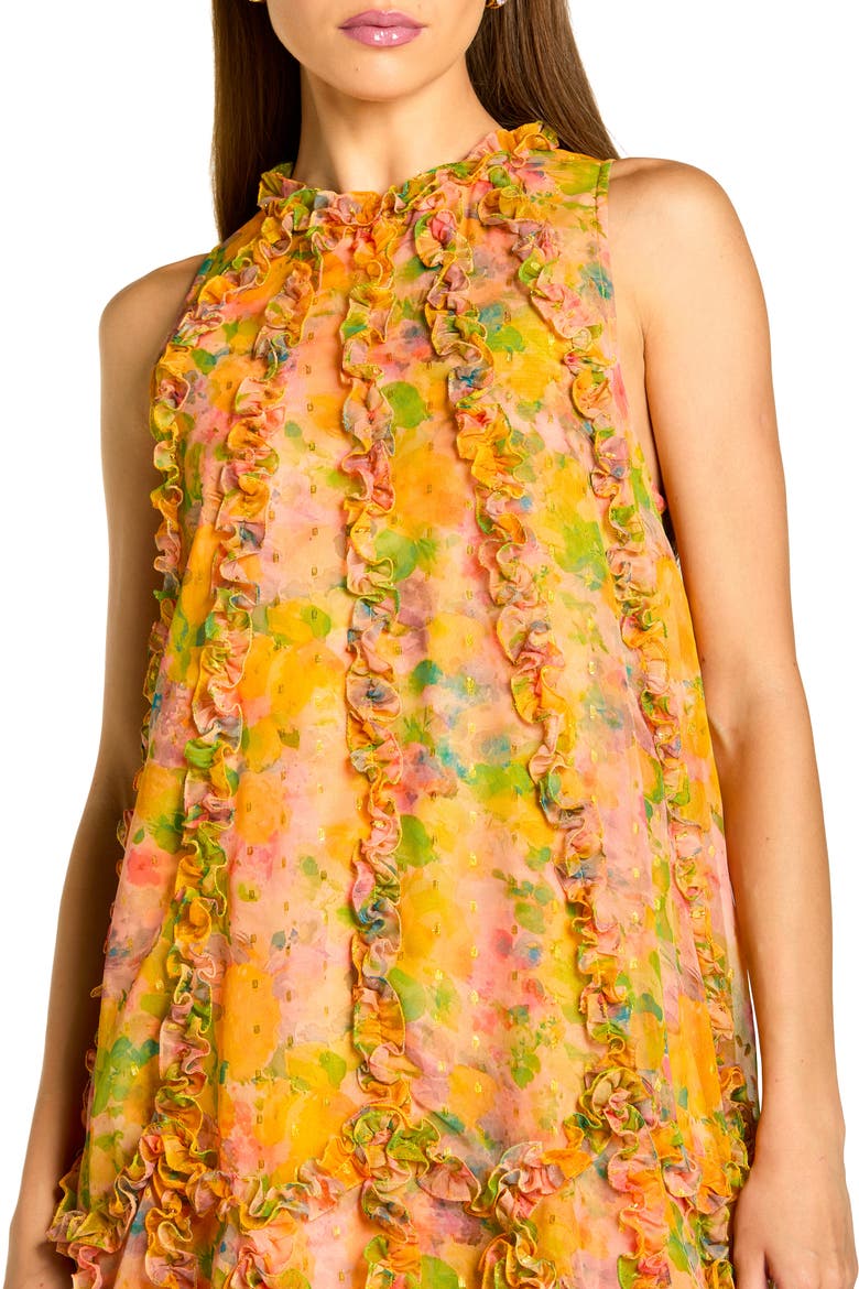 Women's Floral Appliqué Tiered Ruffle High-Low Midi Dress, Alternate, color, Mango Multi