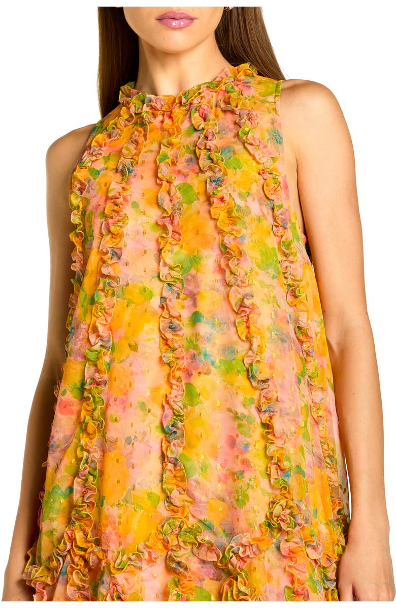 Mac Duggal Sleeveless Floral Print Chiffon Micro Ruffle Gown, Alternate, color, Mango Multi
