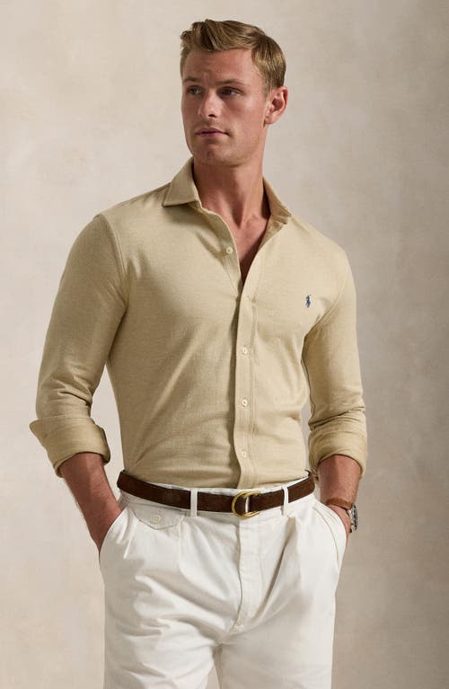 Polo Ralph Lauren Herringbone Knit Button-up Shirt In Dune Heather/coastal Beige
