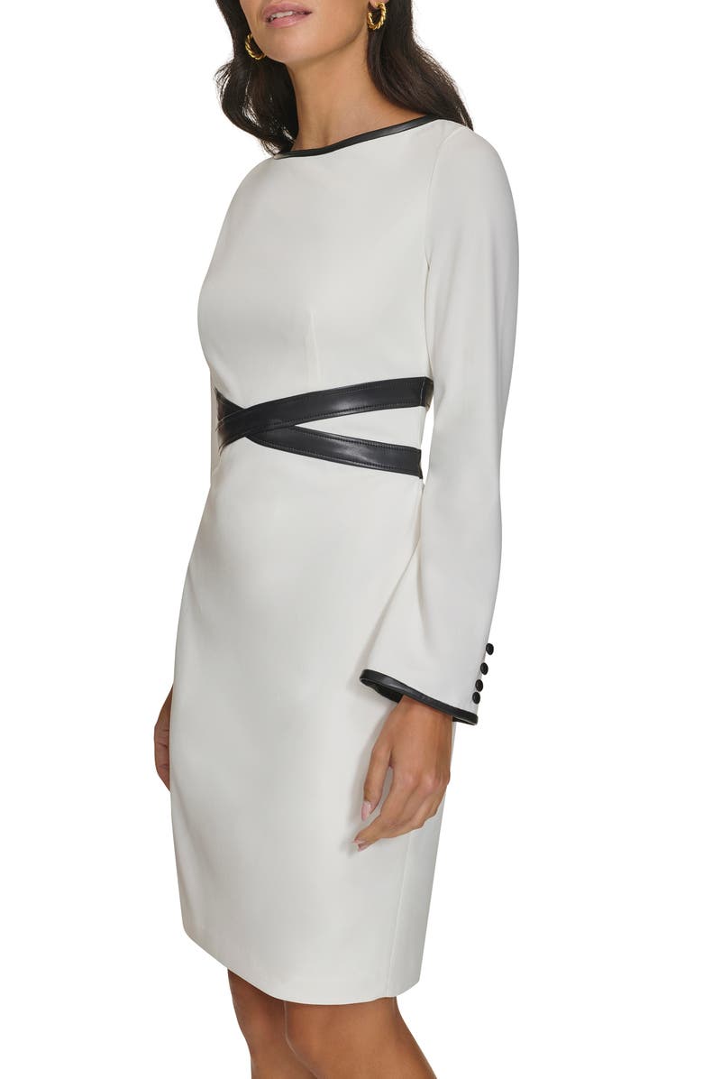 Calvin Klein Long Sleeve Faux Leather Trim Sheath Dress, Alternate, color, 