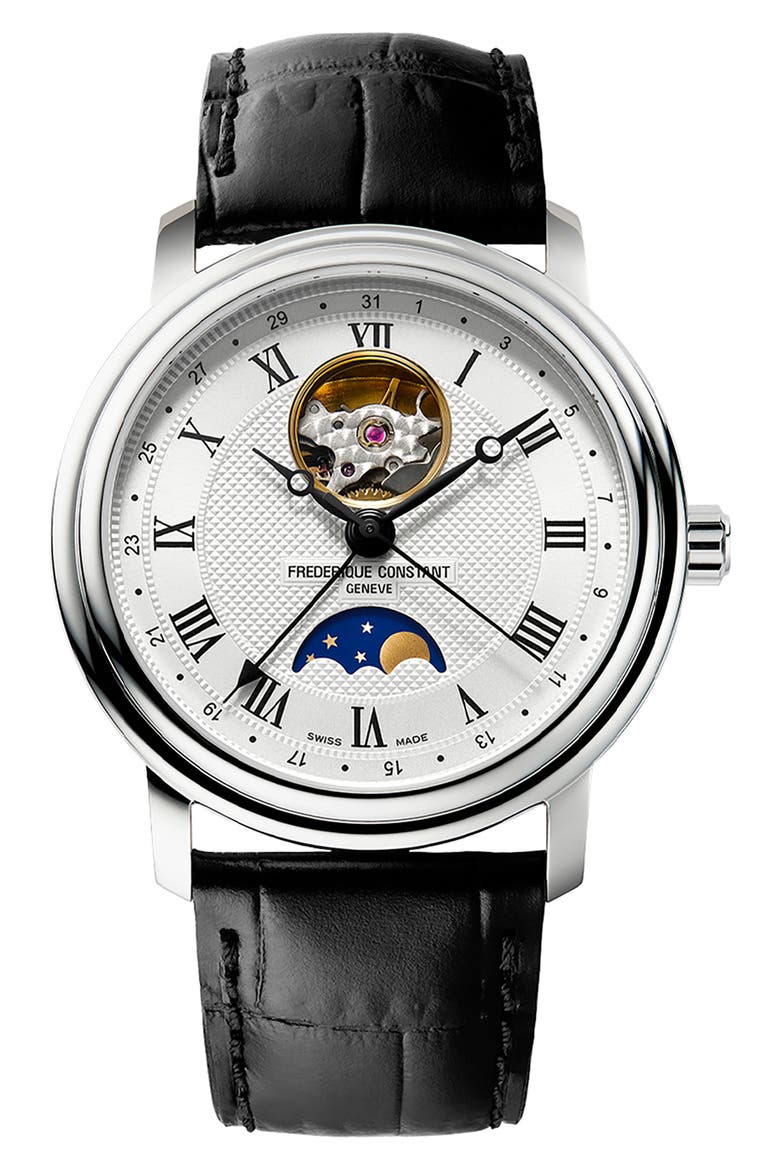 Classics Heartbeat Moon Phase Leather Strap Watch, 40mm, Main, color, SILVER-TONE