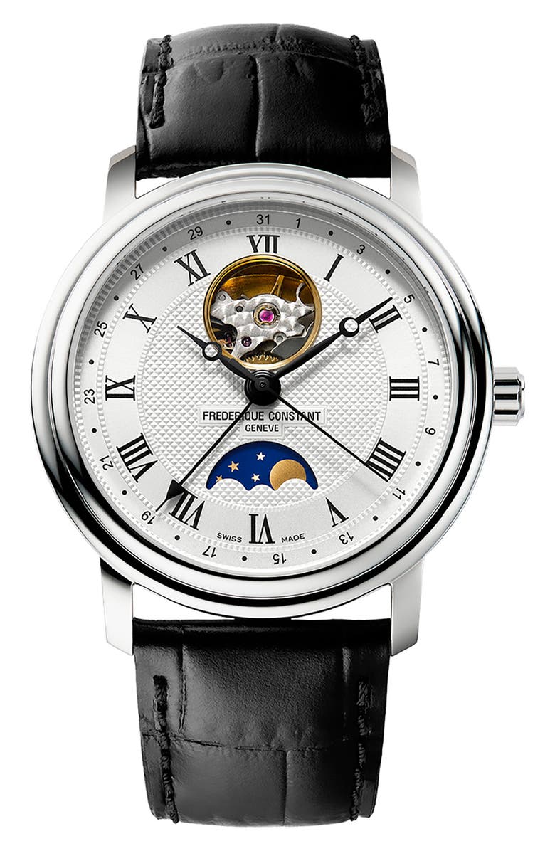 FREDERIQUE CONSTANT Classics Heartbeat Moon Phase Leather Strap Watch, 40mm, Main, color, Silver-Tone