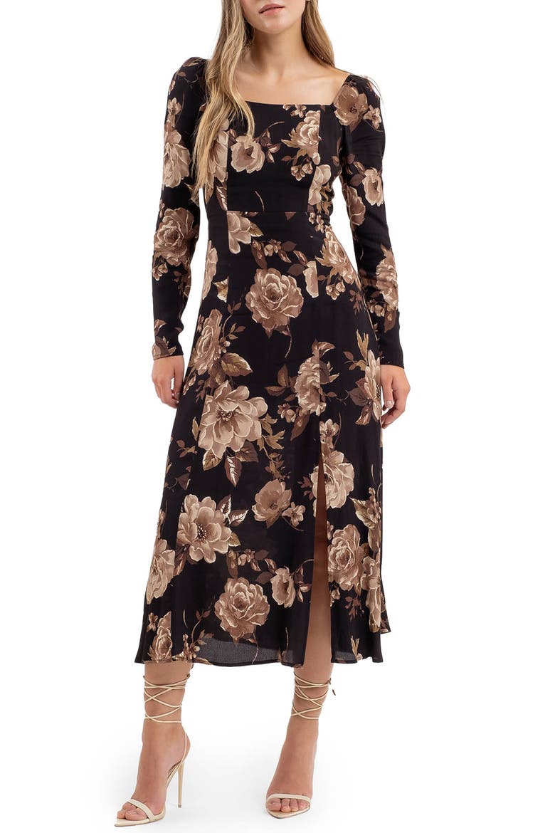 Floral Long Sleeve Midi Dress, Main, color, BLACK MULTI