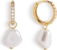 Mint & Lily Freshwater Pearl Drop Pave Huggie Earrings