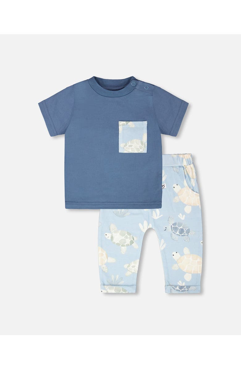Deux par Deux Organic Cotton Turtle Print Jersey T-Shirt and Pants Set, Main, color, Medium Blue & Blue Turtle