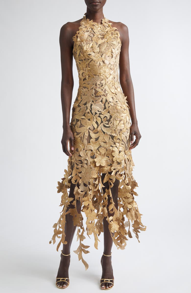 Oscar de la Renta Floral Metallic Corded Lace Halter Cocktail Dress, Main, color, Oyster