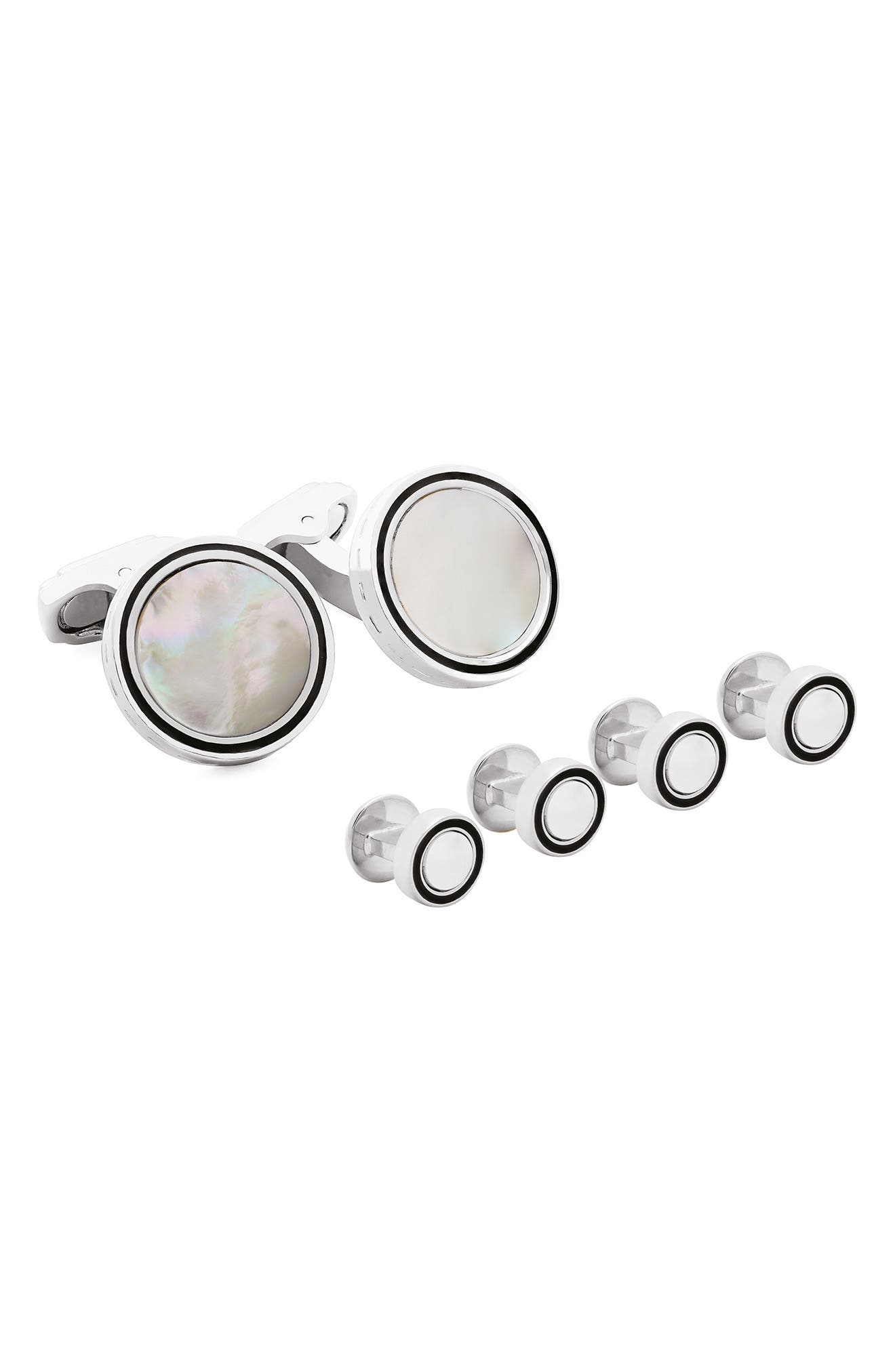 Thompson of London Tambor Mother-of-Pearl Cuff Links & Studs Set in White 