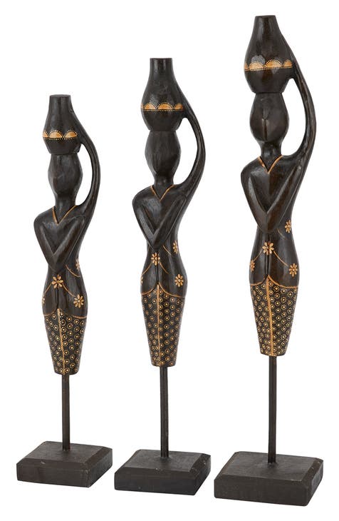 Black Wood Standing Woman Sculpture with Basket on Head - Set of 3