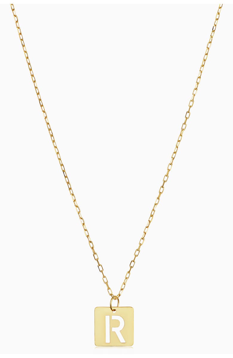 Oradina 14K Gold Initial Tile Petite Necklace, Main, color, Letter R