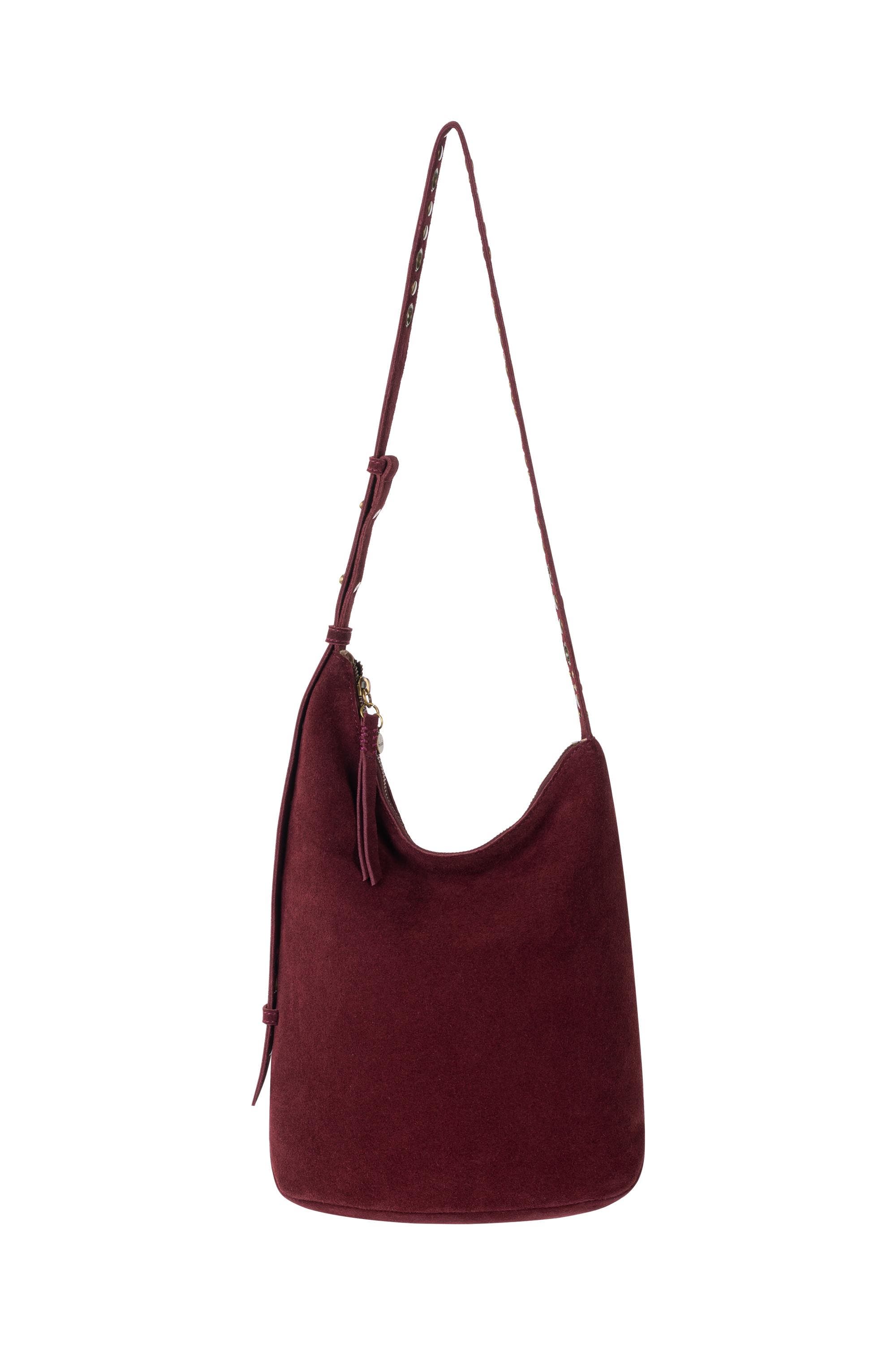 Tess Asymetrical Leather Bucket, Main, color, Black Cherry Suede Belt