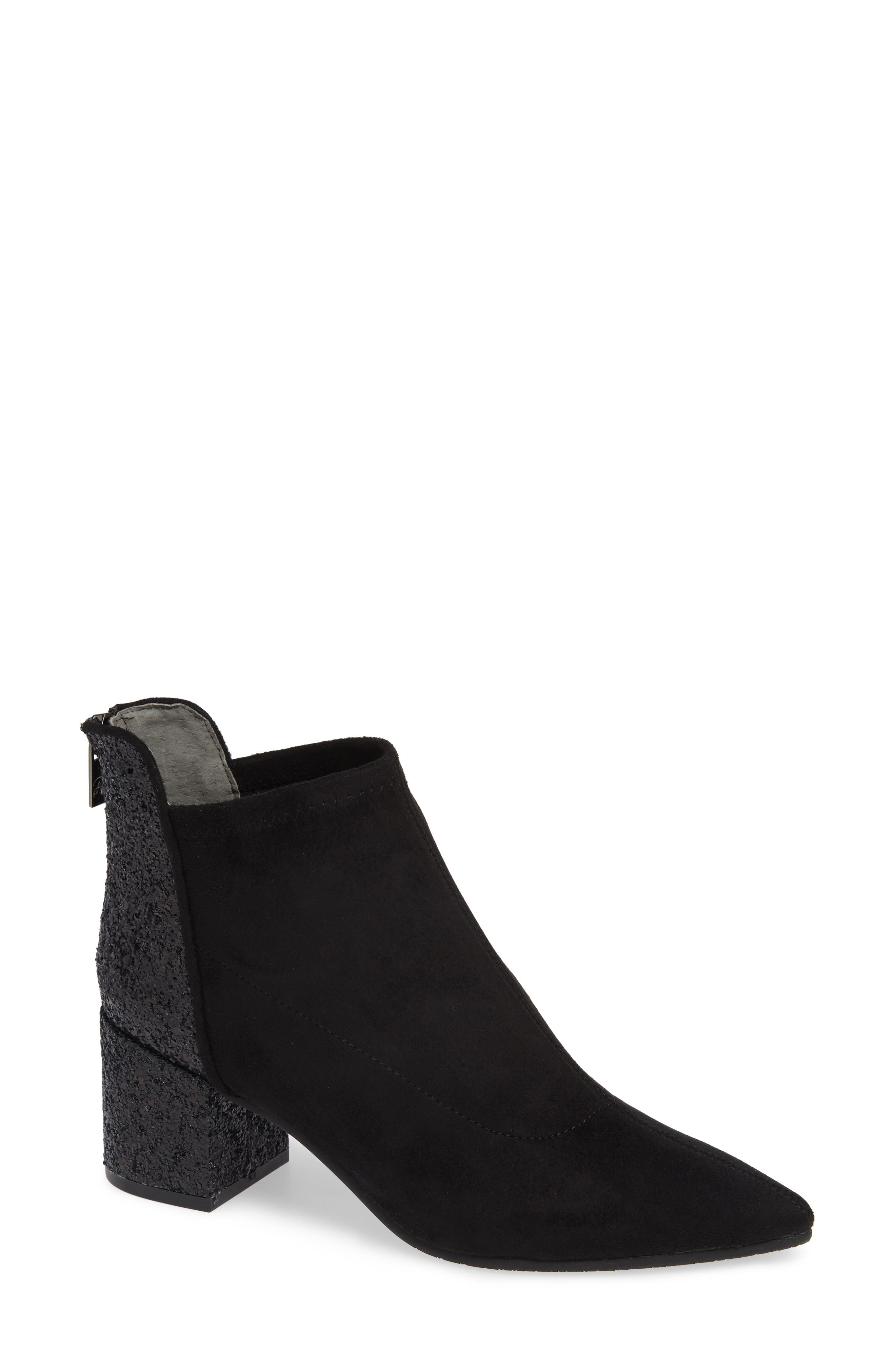 Honey Pointy Toe Stretch Bootie, Main, color, BLACK GLITTER SUEDE