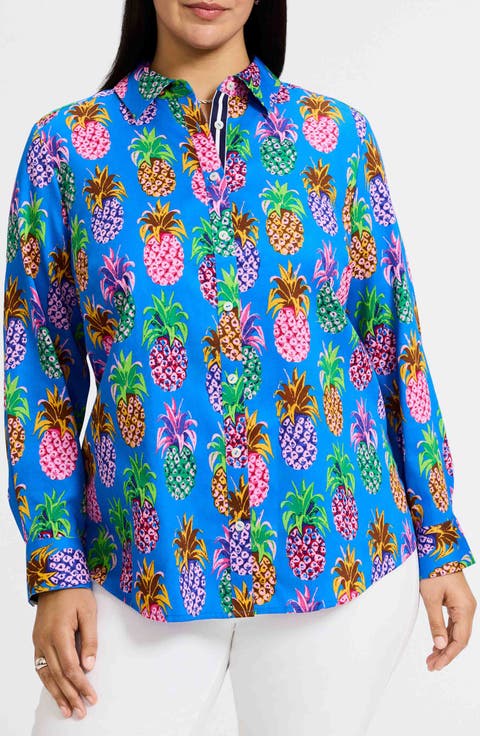 Zoey Pineapple Print Cotton Button-Up Shirt (Plus)