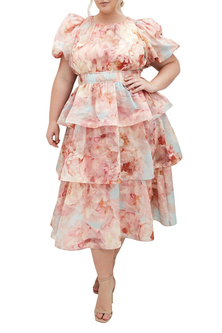 Heavenly Floral Puff Sleeve Tiered Midi Dress, Main, color, FLORAL DREAMS