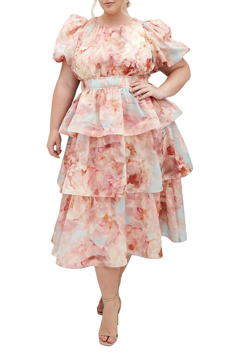 City Chic Heavenly Floral Puff Sleeve Tiered Midi Dress, Main, color, Floral Dreams