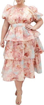 City Chic Heavenly Floral Puff Sleeve Tiered Midi Dress