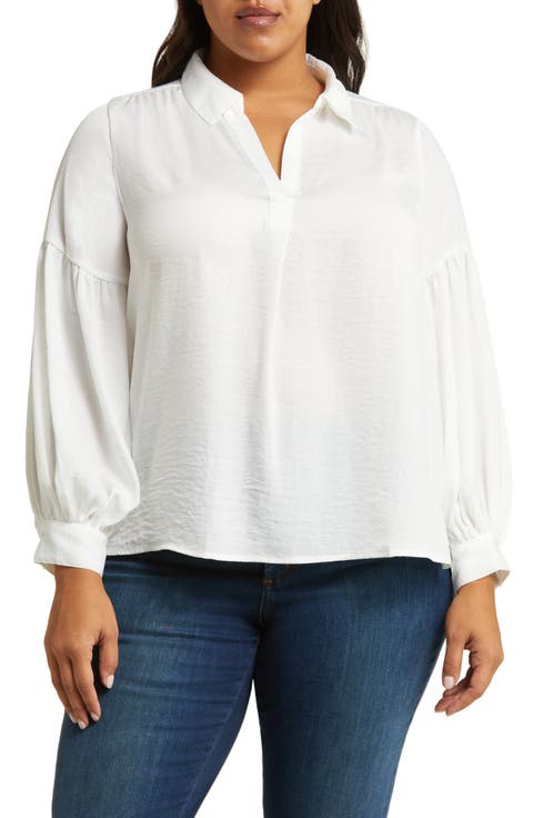 Split Neck Balloon Sleeve Top (Plus)