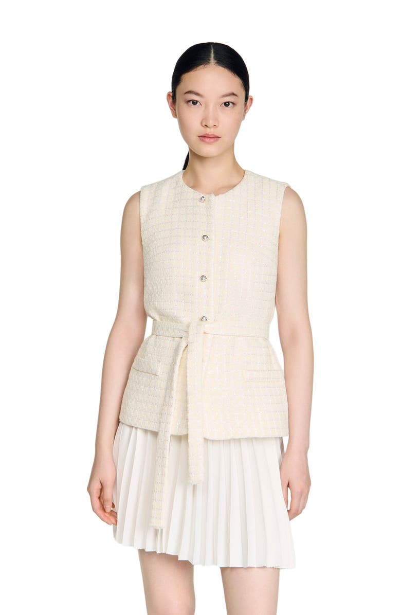 SANDRO Two-material short dress, Alternate, color, Ecru