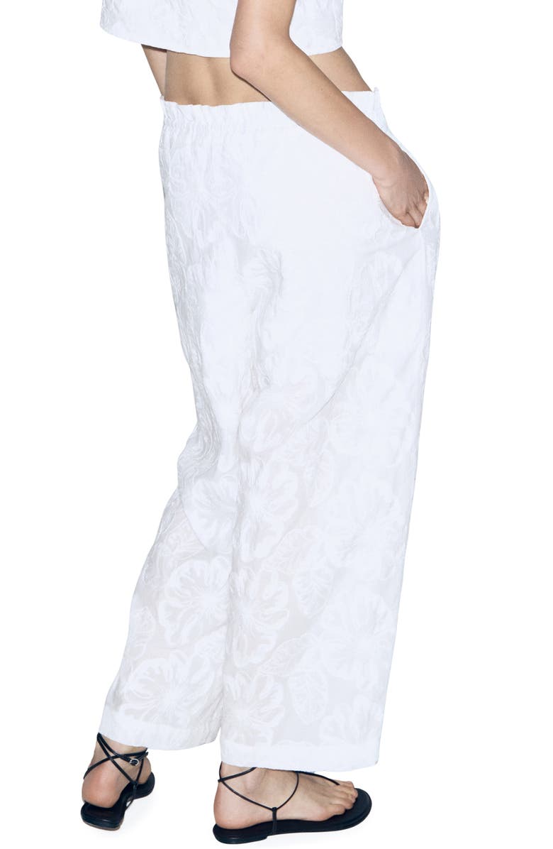 MANGO Floral Jacquard Cotton Drawstring Ankle Pants, Alternate, color, White
