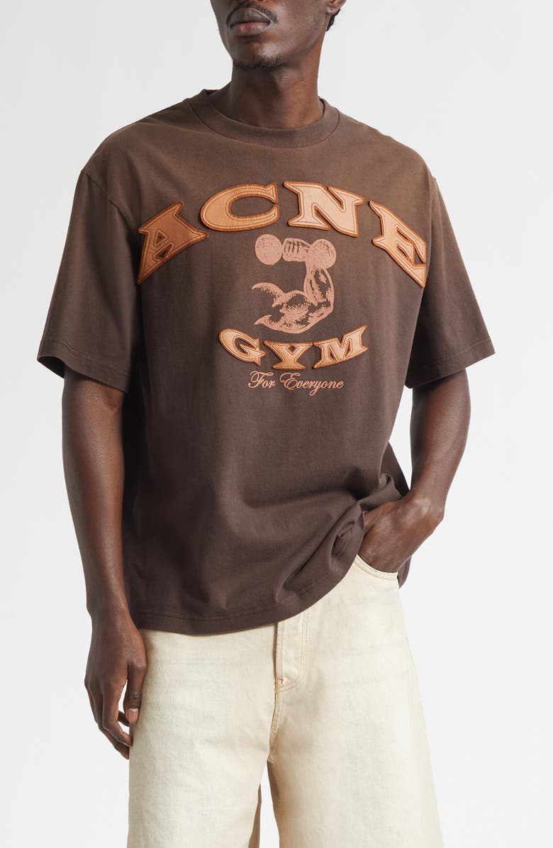 Acne Studios Gym Bro Logo Organic Cotton T-Shirt, Main, color, Dark Brown
