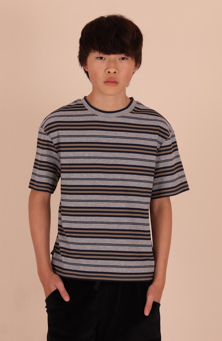 TINY TRIBE Kids' Stripe Rib Stretch Cotton T-Shirt, Alternate, color, Grey Multi