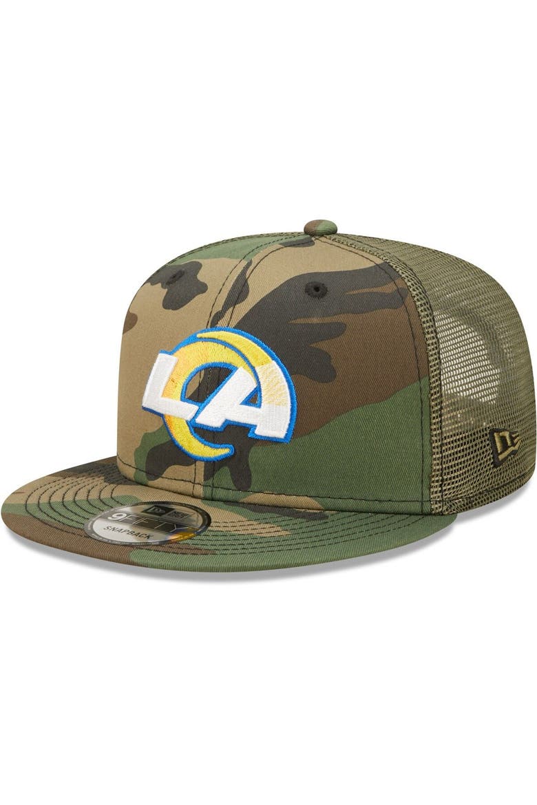 Men's New Era Camo/Olive Los Angeles Rams Trucker 9FIFTY Snapback Hat, Main, color, Camo