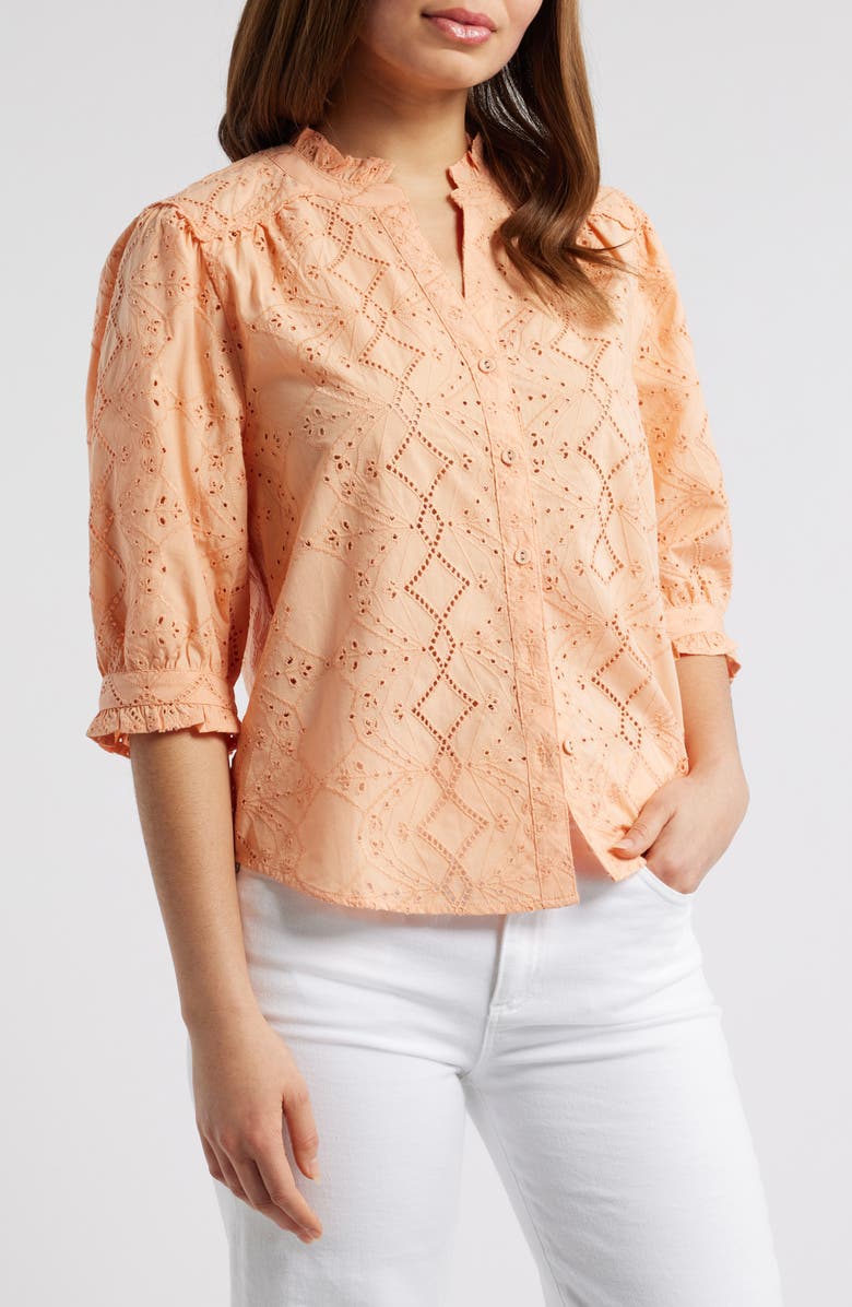 Wit & Wisdom Embroidered Eyelet Button-Up Shirt, Main, color, Peach Fuzz