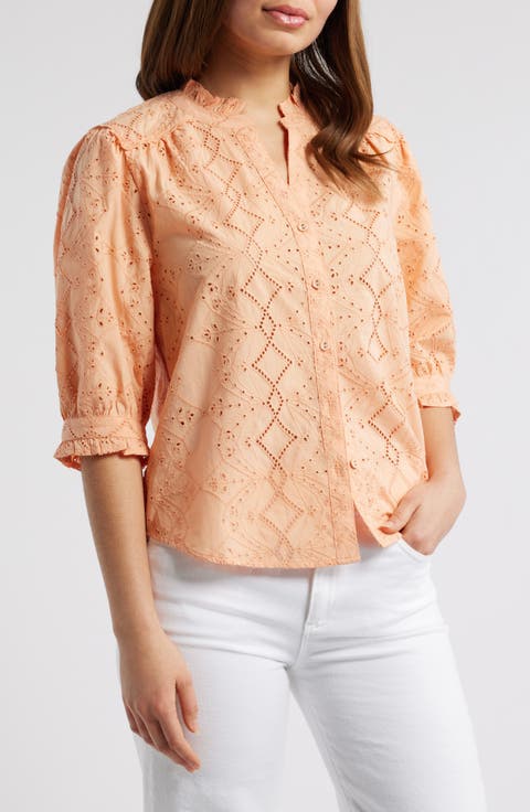 Embroidered Eyelet Button-Up Shirt