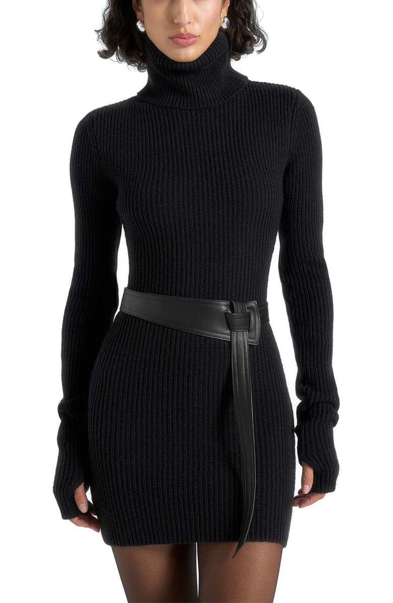 Manière De Voir Kalia Roll Neck Knitted Mini Dress With Belt, Main, color, Black