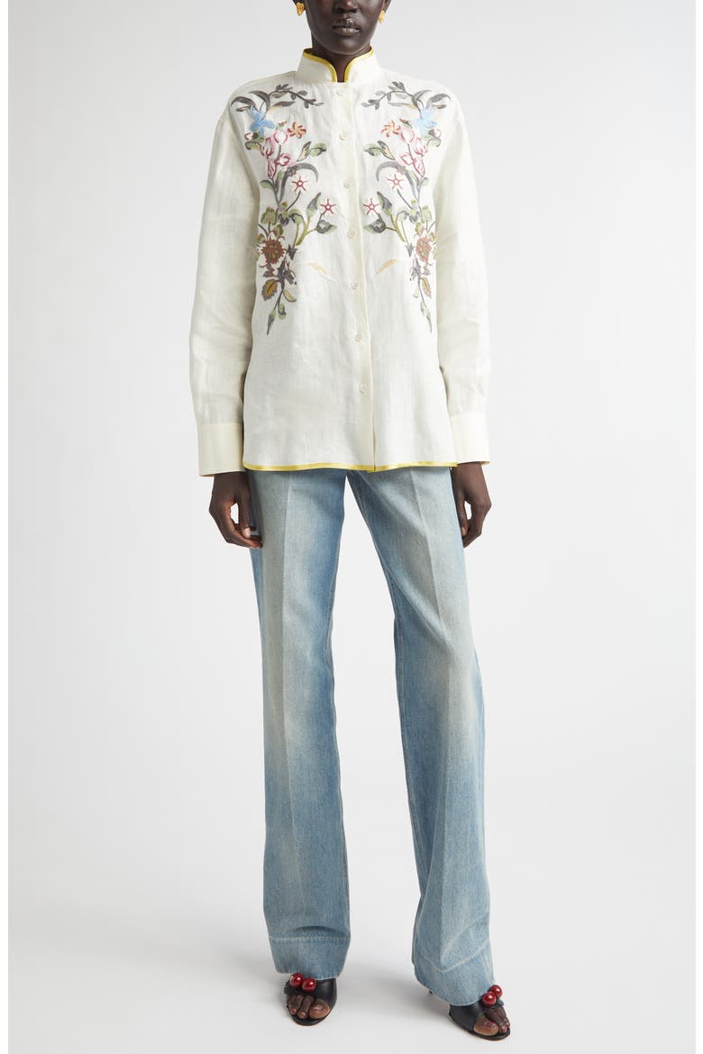 Floral Embroidered Linen Button-Up Shirt, Alternate, color, IVORY/ MULTI