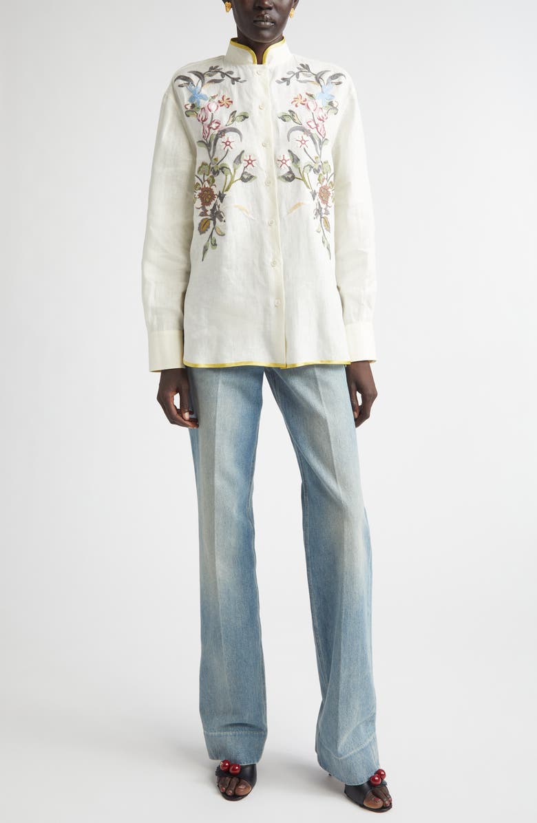 Valentino Floral Embroidered Linen Button-Up Shirt, Alternate, color, Ivory/ Multi