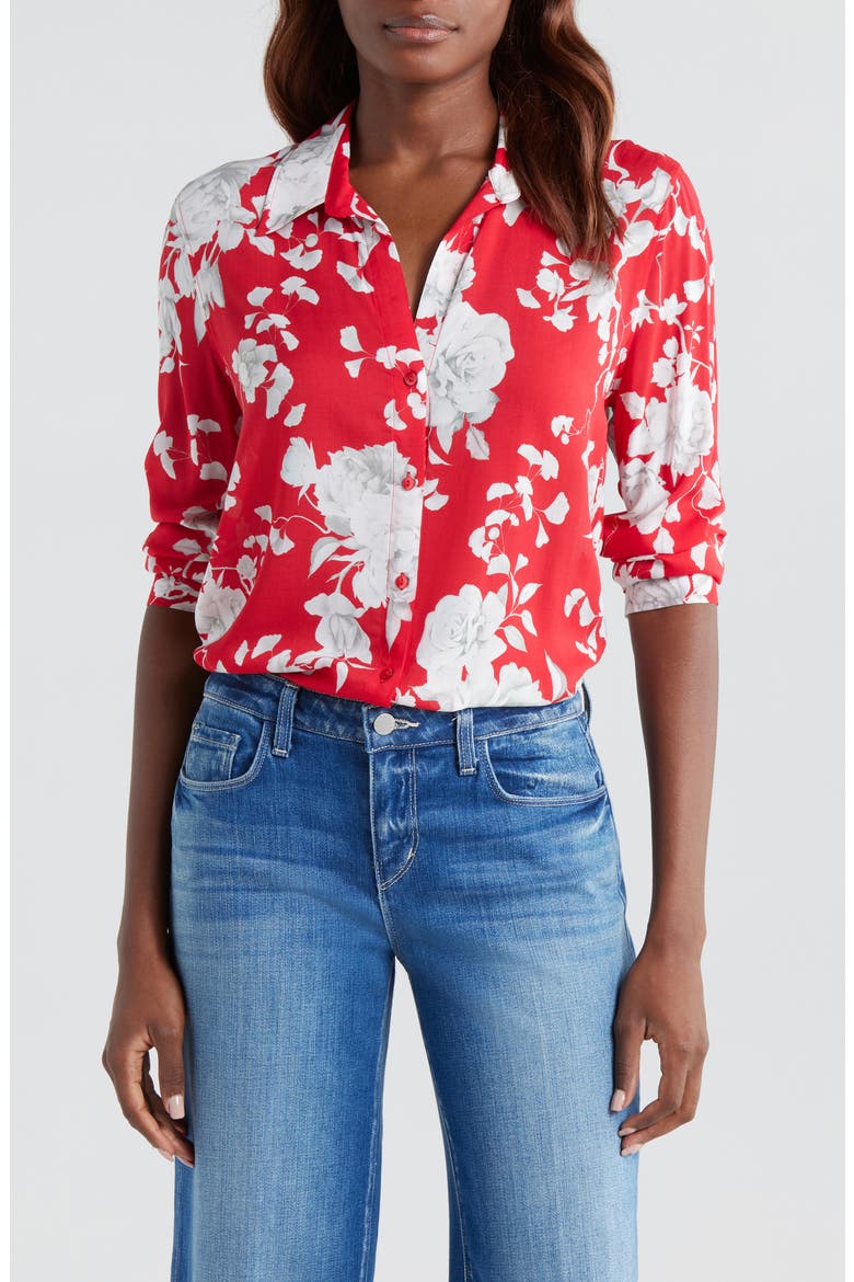 Holly Floral Print Button-Up Shirt, Main, color, RED/ IVORY IKEBANA