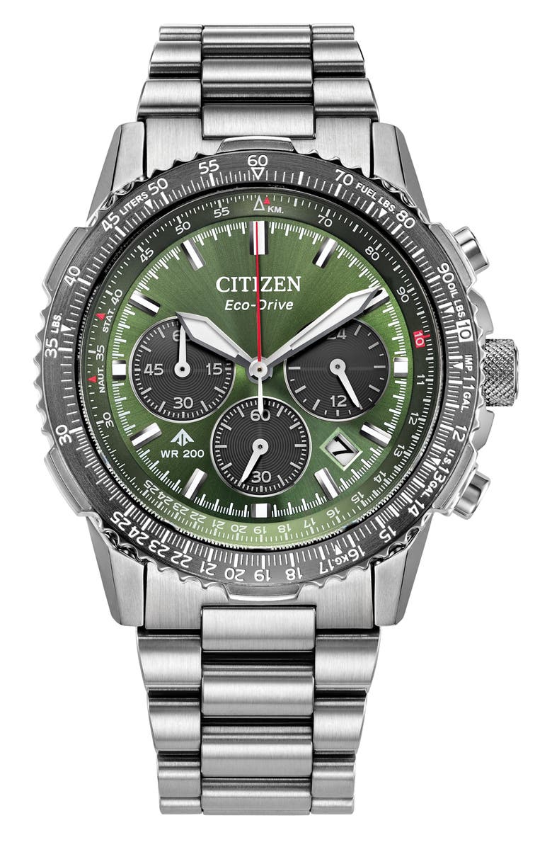 Citizen Promaster Navihawk Eco-Drive Chronograph Bracelet Watch, 40mm, Main, color, Silver-Tone/Green