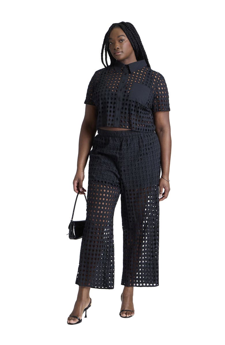 ELOQUII Sheer Eyelet Pant, Main, color, Black Onyx