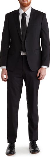 Huge Genius Black Solid Two-Button Notch Lapel Wool Suit