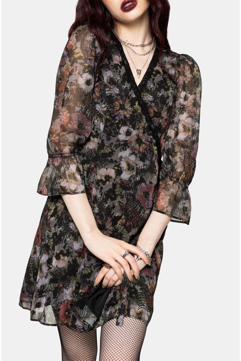 Mortua Grunge Floral Print Mini Dress, Alternate, color, Black