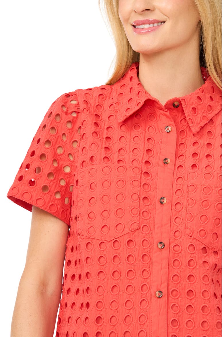 Cotton Eyelet Button-Up Shirt, Alternate, color, CAYENNE