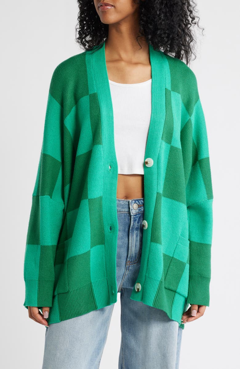 Dressed in Lala Love You Checkerboard Oversize Cardigan, Main, color, Green