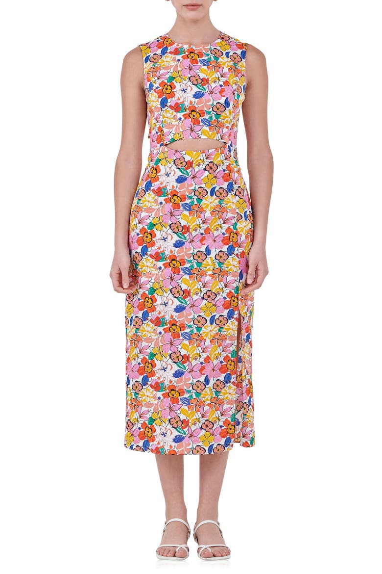 Floral Cutout Cotton Dress, Main, color, WHITE MULTI
