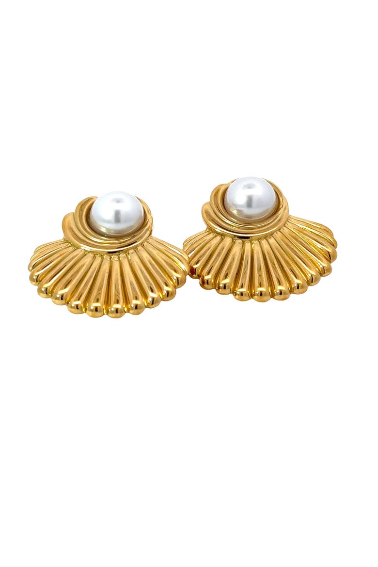 18K Yellow Gold Plated Crystal Pearl Shell Stud Earrings, Alternate, color, Yellow