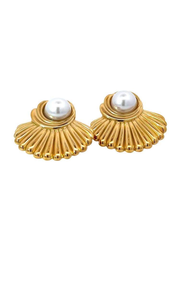 Gemini Jewelry 18K Yellow Gold Plated Crystal Pearl Shell Stud Earrings, Alternate, color, Yellow