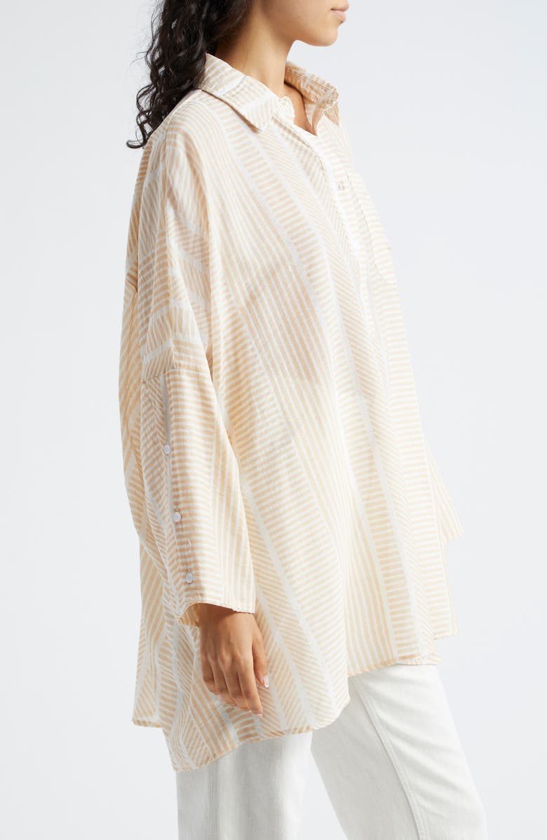 La Vie Style House Abstract Stripe Oversize Cotton Shirt, Alternate, color, Tan White