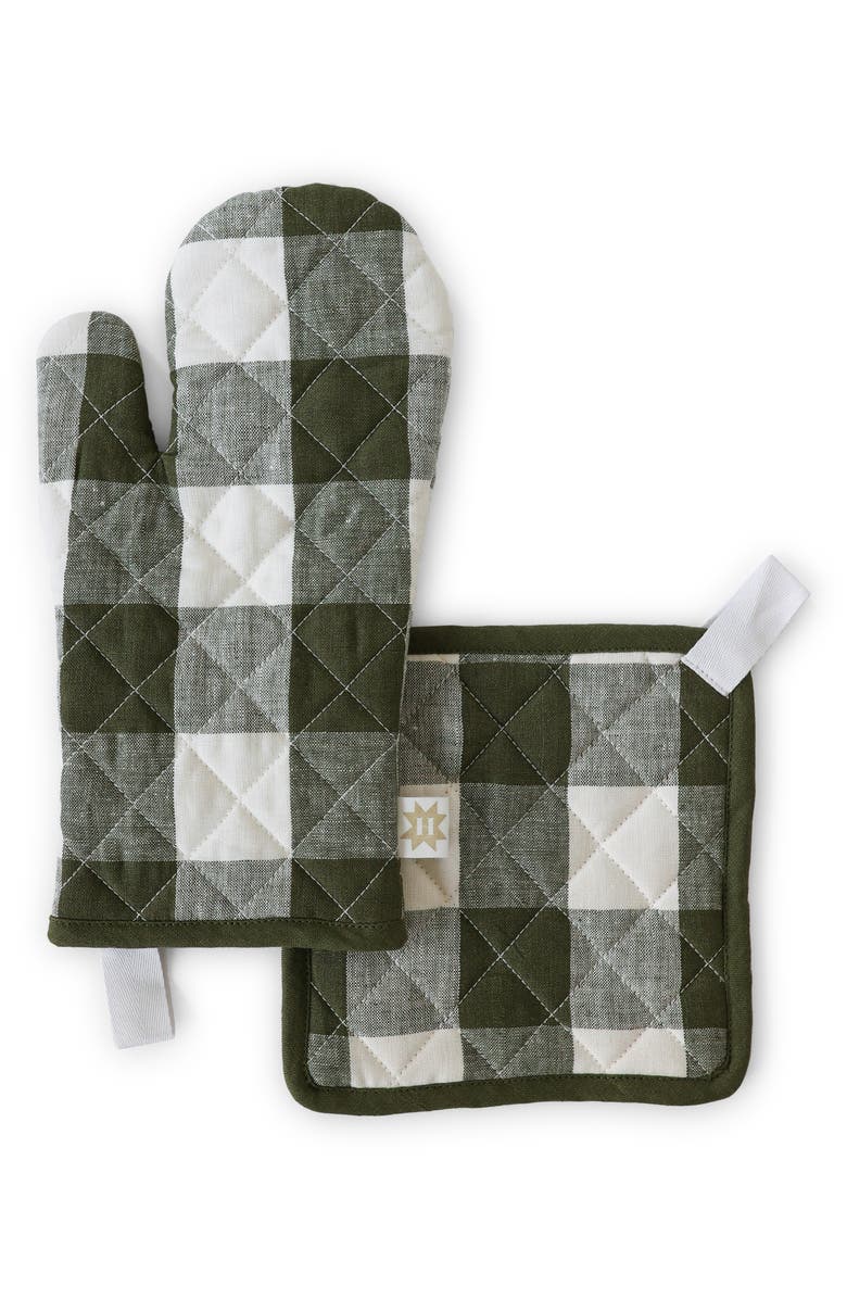 Heirloomed Collection Oven Mitt & Potholder Set, Main, color, Olivegingham