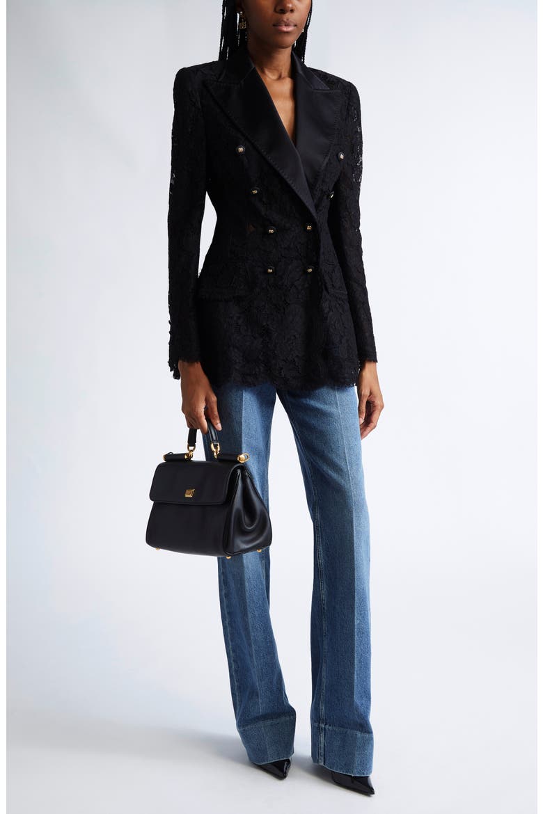 Double Breasted Floral Lace Jacket, Alternate, color, N0000 NERO
