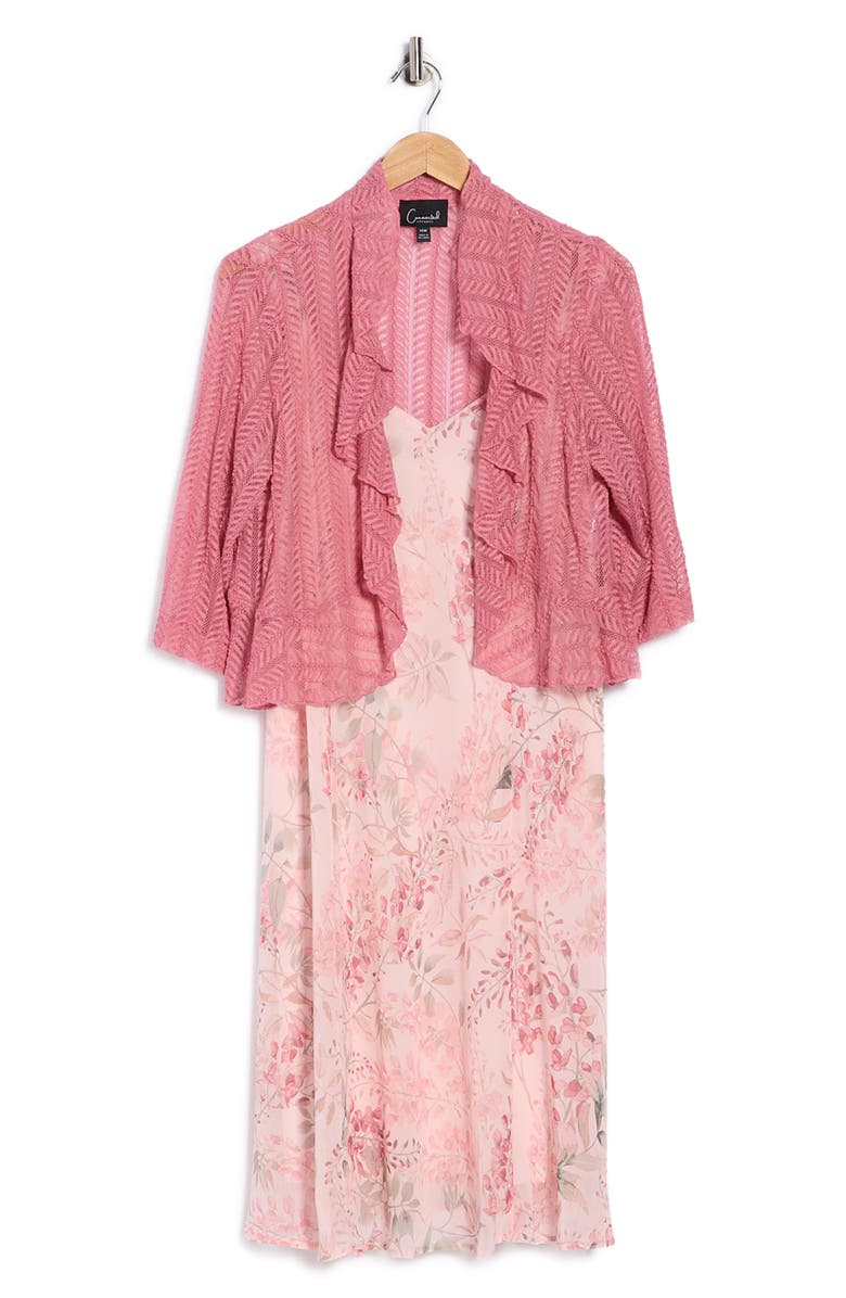 Connected Apparel Floral Chiffon Dress & Lace Shrug Set, Main, color, Soft Coral