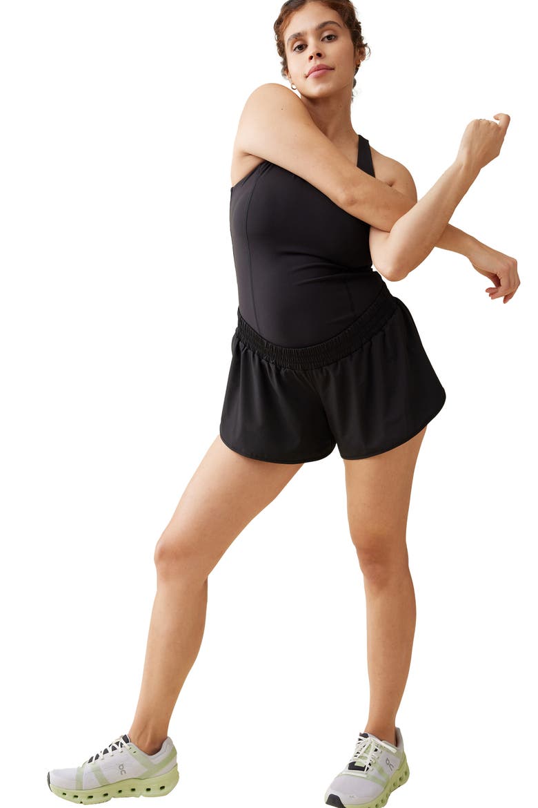 Runsie Mixed Media Maternity Romper, Alternate, color, BLACK