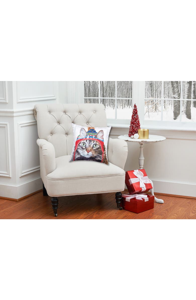 C&F Home Winter Hat Cat Indoor/Outdoor Christmas Holiday Throw Pillow, 18" x 18", Alternate, color, Grey